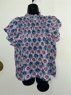 Oliphant Pintuck Ruffle Kazak Short Sleeve Button-Back Blouse